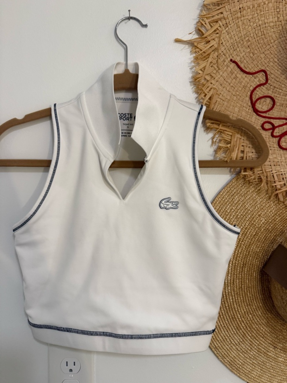 Lacoste White Sleeveless V Neck Polo Collar Crop Tank with Navy Trim